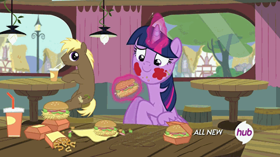 Size: 576x324 | Tagged: safe, screencap, character:coco crusoe, character:twilight sparkle, character:twilight sparkle (alicorn), species:alicorn, species:pony, episode:twilight time, g4, my little pony: friendship is magic, animated, burger, drink, eating, fast food, female, food, gif, hay burger, hay fries, hub logo, hubble, ketchup, male, mare, messy, napkin, onion horseshoes, table, that pony sure does love burgers, that pony sure does love hay fries, the hub, twilight burgkle, twilight slobble