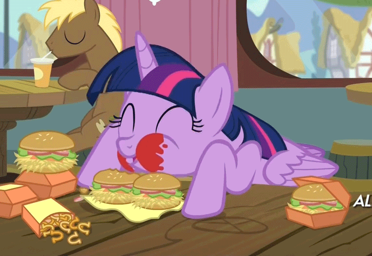Size: 764x526 | Tagged: safe, screencap, character:coco crusoe, character:twilight sparkle, character:twilight sparkle (alicorn), species:alicorn, species:pony, episode:twilight time, g4, my little pony: friendship is magic, animated, burger, cute, eating, female, food, gif, hay burger, ketchup, loop, majestic as fuck, mare, messy, messy eating, onion horseshoes, puffy cheeks, that pony sure does love burgers, twilight burgkle, twilight slobble