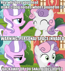 Size: 573x626 | Tagged: safe, screencap, character:diamond tiara, character:sweetie belle, species:earth pony, species:pony, species:unicorn, sweetie bot, episode:twilight time, g4, my little pony: friendship is magic, all new, caption, cutie mark, eyes closed, female, filly, foal, hooves, horn, hub logo, open mouth, ponyville, ponyville schoolhouse, robot, robot pony, smiling, teeth, text