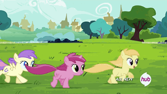 Size: 576x324 | Tagged: safe, screencap, character:alula, character:aura, character:cotton cloudy, character:dinky hooves, character:liza doolots, character:noi, character:petunia, character:pluto, character:ruby pinch, character:tootsie flute, episode:twilight time, g4, my little pony: friendship is magic, animated, aurabetes, awwlula, cottonbetes, cute, dinkabetes, hub logo, hubble, loop, noiabetes, pinchybetes, running, the adorable stampede, the hub, tootsie cute