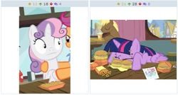 Size: 513x274 | Tagged: safe, screencap, character:scootaloo, character:sweetie belle, character:twilight sparkle, character:twilight sparkle (alicorn), species:alicorn, species:pegasus, species:pony, derpibooru, episode:twilight time, g4, my little pony: friendship is magic, burger, exploitable meme, juxtaposition, juxtaposition win, meme, messy eating, meta, that pony sure does love burgers, twilight burgkle
