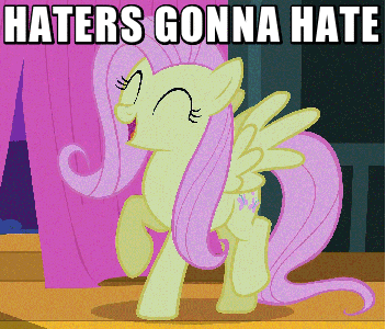 Size: 352x300 | Tagged: safe, screencap, character:fluttershy, species:pegasus, species:pony, episode:filli vanilli, g4, my little pony: friendship is magic, animated, caption, cute, dancing, eyes closed, female, flutterguy, gif, happy, haters gonna hate, mare, meme, prancing, shyabetes, singing, solo, stage