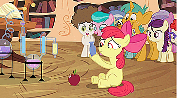 Size: 365x203 | Tagged: safe, screencap, character:apple bloom, character:aquamarine, character:boysenberry, character:snails, character:snips, character:strike, character:super funk, character:twist, species:earth pony, species:pony, episode:twilight time, g4, my little pony: friendship is magic, animated, apple, erlenmeyer flask, female, filly, potion, science, solo focus