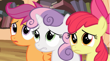 Size: 365x203 | Tagged: safe, screencap, character:apple bloom, character:scootaloo, character:sweetie belle, species:pegasus, species:pony, episode:twilight time, g4, my little pony: friendship is magic, animated, cutie mark crusaders, faec, reaction image, shock, shocked