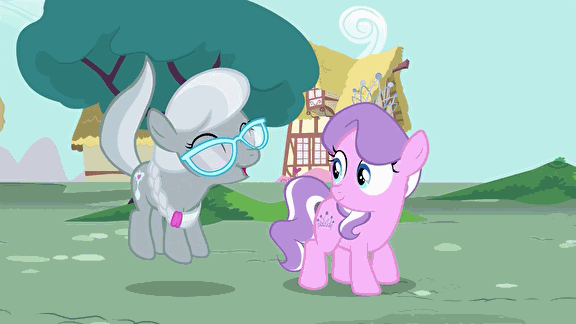 Size: 576x324 | Tagged: safe, screencap, character:diamond tiara, character:silver spoon, episode:twilight time, g4, my little pony: friendship is magic, animated, cute, diamondbetes, excited, eyes closed, happy, jumping, open mouth, pronking, silverbetes, smiling, watching