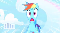 Size: 848x471 | Tagged: safe, screencap, character:rainbow dash, species:pegasus, species:pony, episode:sonic rainboom, g4, my little pony: friendship is magic, cloud, cloudsdale, d:, faec, female, mare, open mouth, panic, scared, screaming, shame, shocked, solo, surprised, tongue out, wide eyes, yelling