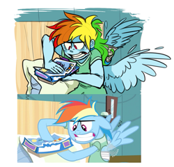Size: 539x518 | Tagged: safe, artist:xenon, screencap, character:rainbow dash, species:human, species:pegasus, species:pony, episode:read it and weep, g4, my little pony: friendship is magic, battlecloud, board game, hospital, hospital gown, humanized, pony coloring, scene interpretation, winged humanization