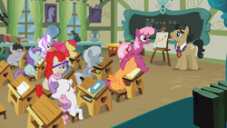 Size: 1280x720 | Tagged: safe, screencap, character:apple bloom, character:cheerilee, character:diamond tiara, character:filthy rich, character:liza doolots, character:petunia, character:scootaloo, character:silver spoon, character:sweetie belle, character:tootsie flute, character:truffle shuffle, character:twist, species:pegasus, species:pony, episode:family appreciation day, g4, my little pony: friendship is magic, drool, ponyville schoolhouse, school, sleeping, sleeping in class