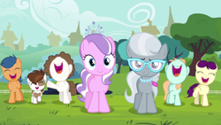 Size: 1280x720 | Tagged: safe, screencap, character:boysenberry, character:diamond tiara, character:first base, character:peach fuzz, character:pipsqueak, character:silver spoon, character:super funk, species:pony, episode:twilight time, g4, my little pony: friendship is magic, colt, filly, glasses, male