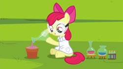 Size: 1280x720 | Tagged: safe, screencap, character:apple bloom, episode:twilight time, g4, my little pony: friendship is magic, clothing, erlenmeyer flask, florence flask, lab coat, safety goggles, solo, test tube