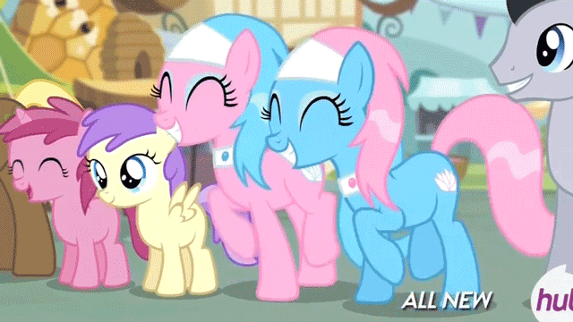 Size: 640x360 | Tagged: safe, screencap, character:aloe, character:alula, character:coco crusoe, character:lotus blossom, character:lucky clover, character:pluto, character:ruby pinch, species:pony, episode:filli vanilli, g4, my little pony: friendship is magic, all new, animated, cute, extreme speed animation, eyes closed, gif, grin, happy, hig, hub logo, pluto, prancing, smiling, so fucking happy, spa twins, spaww twins, text, trotting, trotting in place