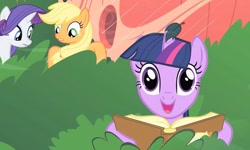 Size: 541x324 | Tagged: safe, screencap, character:applejack, character:rarity, character:twilight sparkle, episode:look before you sleep, g4, my little pony: friendship is magic, blank stare, book, faec, golden oaks library, i can see forever, out of context, tree