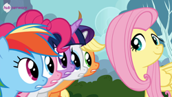Size: 700x394 | Tagged: safe, screencap, character:applejack, character:fluttershy, character:pinkie pie, character:rainbow dash, character:rarity, character:twilight sparkle, character:twilight sparkle (alicorn), species:alicorn, species:pony, episode:it ain't easy being breezies, g4, my little pony: friendship is magic, female, mane six, mare, the hub