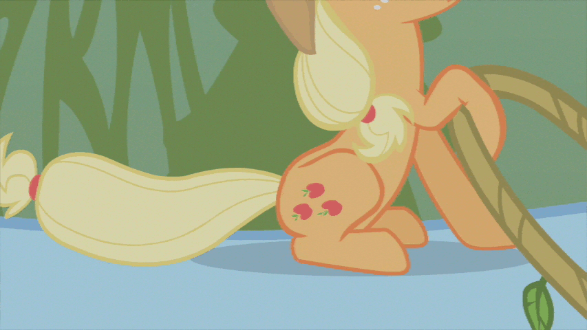 Size: 853x480 | Tagged: safe, screencap, character:applejack, character:rainbow dash, episode:bridle gossip, g4, my little pony: friendship is magic, animated, appletini, reins, sitting