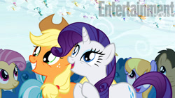 Size: 612x344 | Tagged: safe, screencap, character:applejack, character:candy mane, character:doctor whooves, character:lyra heartstrings, character:ponet, character:rarity, character:time turner, species:breezies, episode:it ain't easy being breezies, g4, my little pony: friendship is magic, entertainment weekly, ponies standing next to each other