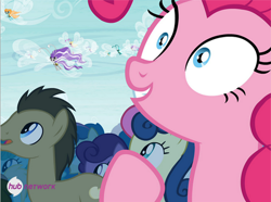 Size: 495x368 | Tagged: safe, screencap, character:bon bon, character:doctor whooves, character:pinkie pie, character:sweetie drops, character:time turner, species:breezies, episode:it ain't easy being breezies, g4, my little pony: friendship is magic, dusky grape, the hub