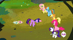 Size: 250x139 | Tagged: safe, screencap, character:applejack, character:fluttershy, character:pinkie pie, character:rainbow dash, character:rarity, character:twilight sparkle, character:twilight sparkle (alicorn), species:alicorn, species:breezies, episode:it ain't easy being breezies, g4, my little pony: friendship is magic, animated, applebreezie, breezie pie, breeziefied, flutterbreez, gif for breezies, hub logo, magic, picture for breezies, picture of and for breezies, rainbow breez, rarbreez, species swap, transformation, transformation sequence, twilight breezie