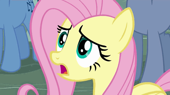Size: 576x324 | Tagged: safe, screencap, character:fluttershy, episode:it ain't easy being breezies, g4, my little pony: friendship is magic, animated, eye shimmer, horror, hubble, reaction image, the horror, the hub, zoom