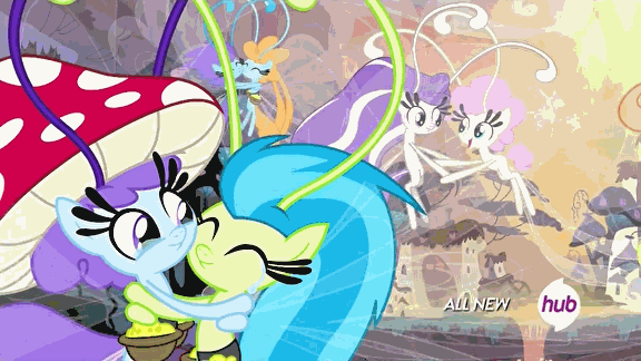 Size: 576x324 | Tagged: safe, screencap, character:breezette, species:breezies, episode:it ain't easy being breezies, g4, my little pony: friendship is magic, animated, breezie world, clothing, hat, hub logo, hubble, mushroom hat, the hub