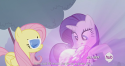 Size: 1152x609 | Tagged: safe, screencap, character:fluttershy, character:rarity, episode:it ain't easy being breezies, g4, my little pony: friendship is magic, hub logo, meme, youtube caption