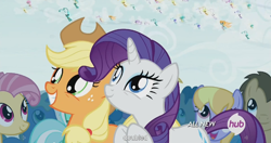 Size: 1152x609 | Tagged: safe, screencap, character:applejack, character:candy mane, character:doctor whooves, character:lyra heartstrings, character:ponet, character:rarity, character:time turner, species:breezies, episode:it ain't easy being breezies, g4, my little pony: friendship is magic, hub logo, meme, the fun has been doubled, youtube caption