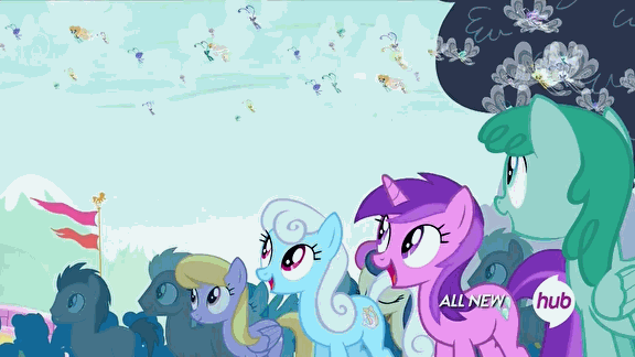 Size: 576x324 | Tagged: safe, screencap, character:amethyst star, character:bon bon, character:cloud kicker, character:doctor whooves, character:linky, character:shoeshine, character:sparkler, character:sweetie drops, character:time turner, species:breezies, episode:it ain't easy being breezies, g4, my little pony: friendship is magic, animated, hub logo, hubble, leaf, the hub