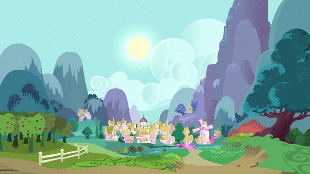 Size: 640x360 | Tagged: safe, screencap, episode:filli vanilli, g4, my little pony: friendship is magic, animated, building, day, fence, house, houses, loop, moon, mountain, night, pony removed, ponyville, sky, stars, sun, sun vs moon, town hall, tree, windmill