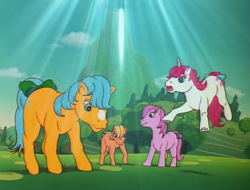 Size: 835x633 | Tagged: safe, screencap, character:applejack (g1), character:bubbles (g1), character:cotton candy (g1), character:moondancer (g1), species:earth pony, species:pony, species:unicorn, episode:rescue at midnight castle, g1, blaze (coat marking), bow, tail bow