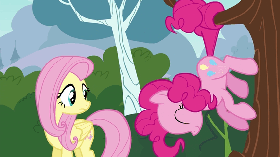 Size: 576x324 | Tagged: safe, screencap, character:fluttershy, character:pinkie pie, episode:it ain't easy being breezies, g4, my little pony: friendship is magic, animated, tree