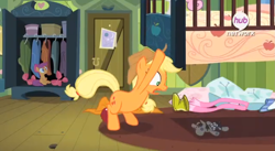 Size: 1907x1042 | Tagged: safe, screencap, character:applejack, character:scootaloo, character:smarty pants, character:sweetie belle, species:pegasus, species:pony, episode:somepony to watch over me, g4, my little pony: friendship is magic, hub logo, under the bed