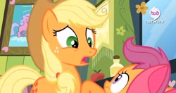 Size: 704x371 | Tagged: safe, screencap, character:applejack, character:scootaloo, species:pegasus, species:pony, episode:somepony to watch over me, g4, my little pony: friendship is magic, bow, hub logo