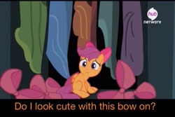 Size: 640x428 | Tagged: safe, screencap, character:scootaloo, species:pegasus, species:pony, episode:somepony to watch over me, g4, my little pony: friendship is magic, apple bloom's bow, bow, bronybait, cute, cutealoo, female, filly, hair bow, hub logo, question, sitting, smiling, solo, weapons-grade cute, yes