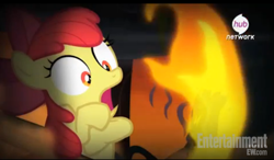 Size: 603x351 | Tagged: safe, screencap, character:apple bloom, episode:somepony to watch over me, g4, my little pony: friendship is magic, fire, fire swamp, flame geyser, hub logo, solo