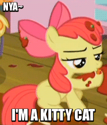 Size: 213x249 | Tagged: safe, screencap, character:apple bloom, species:earth pony, species:pony, episode:somepony to watch over me, g4, my little pony: friendship is magic, adorabloom, animated, behaving like a cat, cat, cute, female, filly, image macro, licking, meme, mlem, nya, silly, solo, spaghetti, tongue out