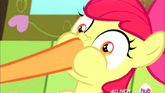 Size: 576x324 | Tagged: safe, screencap, character:apple bloom, character:scootaloo, species:pegasus, species:pony, episode:somepony to watch over me, g4, my little pony: friendship is magic, animated, hoof in mouth, hub logo, hubble, the hub