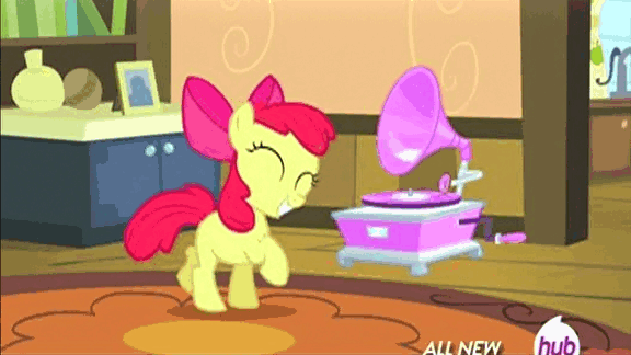Size: 576x324 | Tagged: safe, screencap, character:apple bloom, episode:somepony to watch over me, g4, my little pony: friendship is magic, adorabloom, animated, cute, dancing, hub logo, hubble, phonograph, prancing, solo, the hub, weapons-grade cute