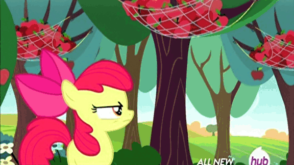 Size: 576x324 | Tagged: safe, screencap, character:apple bloom, character:applejack, episode:somepony to watch over me, g4, my little pony: friendship is magic, angry, animated, apple bloom is not amused, dressing, helmet, hub logo, hubble, the hub, tree