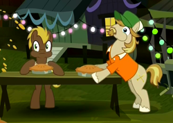 Size: 736x522 | Tagged: safe, screencap, character:jeff letrotski, species:earth pony, species:pony, episode:somepony to watch over me, g4, my little pony: friendship is magic, background pony, cajun ponies, duo, jeff trotsworthy, male, stallion, unnamed character, unnamed pony, wacky waving inflatable tube pony