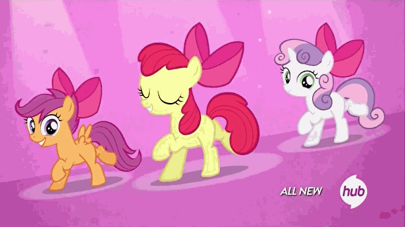 Size: 576x324 | Tagged: safe, screencap, character:apple bloom, character:scootaloo, character:sweetie belle, species:pegasus, species:pony, episode:somepony to watch over me, g4, my little pony: friendship is magic, animated, cute, cutie mark crusaders, dancing, hub logo, hubble, no time for a song, the hub