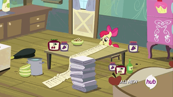 Size: 576x324 | Tagged: safe, screencap, character:apple bloom, episode:somepony to watch over me, g4, my little pony: friendship is magic, animated, bellows, bowl, hub logo, hubble, jam, jelly, list, solo, stove, table, the hub, towel