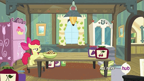 Size: 576x324 | Tagged: safe, screencap, character:apple bloom, episode:somepony to watch over me, g4, my little pony: friendship is magic, animated, bowl, hub logo, hubble, jam, jelly, solo, spaghetti, table, the hub