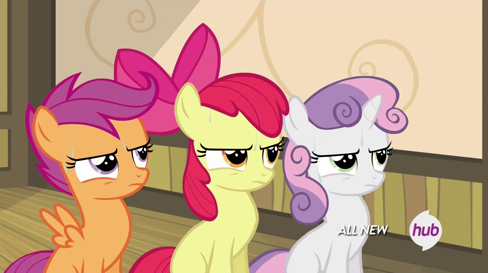 Size: 1920x1076 | Tagged: safe, screencap, character:apple bloom, character:scootaloo, character:sweetie belle, species:pegasus, species:pony, episode:somepony to watch over me, g4, my little pony: friendship is magic, animated, cutie mark crusaders, hub logo, sweat