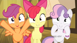 Size: 1440x810 | Tagged: safe, screencap, character:apple bloom, character:scootaloo, character:sweetie belle, species:pegasus, species:pony, episode:somepony to watch over me, g4, my little pony: friendship is magic, cutie mark crusaders, excited, happy, hub logo