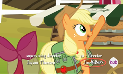Size: 1199x720 | Tagged: safe, screencap, character:apple bloom, character:applejack, derpibooru, episode:somepony to watch over me, g4, my little pony: friendship is magic, all new, exploitable meme, hub logo, jim all new, jim miller, juxtaposition, juxtaposition win, meme, meta