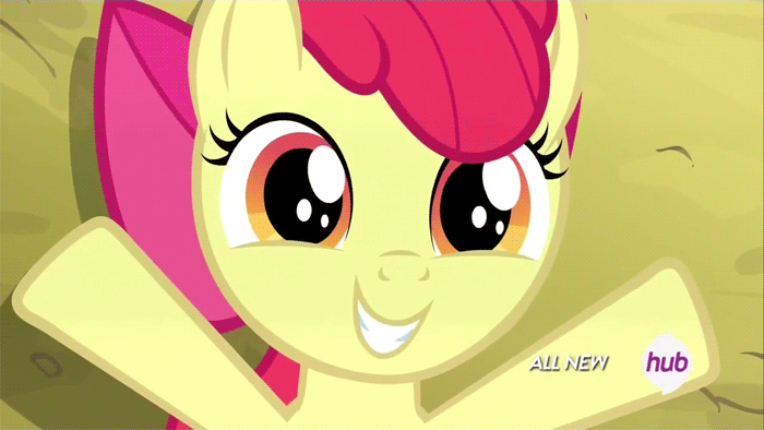 Size: 700x394 | Tagged: safe, screencap, character:apple bloom, episode:somepony to watch over me, g4, my little pony: friendship is magic, adorabloom, animated, cute, eye shimmer, eyes, grin, hub logo, hug request, looking at you, on back, smiling, solo, squee, weapons-grade cute
