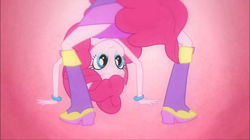 Size: 1440x808 | Tagged: safe, screencap, character:pinkie pie, my little pony:equestria girls, boots, bracelet, fall formal outfits, high heel boots, jewelry, looking between legs, ponytail, solo