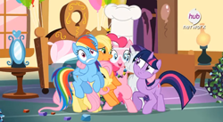 Size: 900x492 | Tagged: safe, screencap, character:applejack, character:fluttershy, character:pinkie pie, character:rainbow dash, character:rarity, character:twilight sparkle, character:twilight sparkle (alicorn), species:alicorn, species:pony, episode:maud pie, g4, my little pony: friendship is magic, chef's hat, clothing, female, goggles, hat, mane six, mare, rock candy, rock necklace