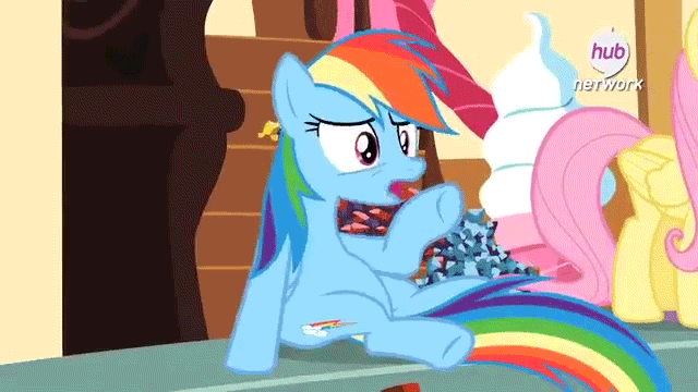 Size: 640x360 | Tagged: safe, screencap, character:fluttershy, character:rainbow dash, species:pegasus, species:pony, episode:maud pie, g4, my little pony: friendship is magic, animated, belly, chubby, gif, hub logo, weight gain