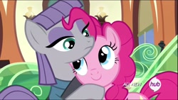 Size: 1920x1080 | Tagged: safe, screencap, character:maud pie, character:pinkie pie, episode:maud pie, g4, my little pony: friendship is magic, hub logo, hug, sisters
