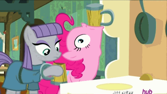 Size: 576x324 | Tagged: safe, screencap, character:maud pie, character:pinkie pie, episode:maud pie, g4, my little pony: friendship is magic, animated, apple cider (drink), hub logo, hubble, mug, pinkie being pinkie, the hub